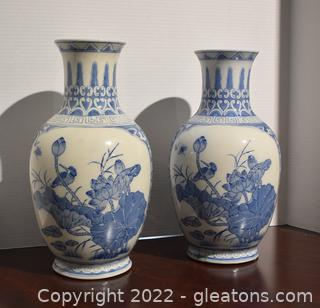 Pair of Porcelain Vases - Decorated Blue White Flowers and Birds 